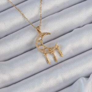 316L Çelik Zincir Altın Renk İşlemeli Zirkon Taşlı Ay Kolye BKO9171