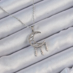 316L Çelik Zincir Gümüş Renk İşlemeli Zirkon Taşlı Ay Kolye BKO9172