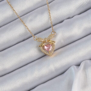 316L Çelik Zincir Altın Renk Pembe Zirkon Taşlı Fiyonklu Kalp Kolye BKO9173