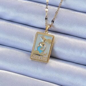 316L Çelik Zincir Altın Renk Mavi Mineli Tarot Kolye BKO9211