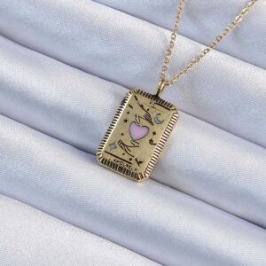 316L Çelik Zincir Eskitme Altın Renk Pembe Mineli Kalp Figürlü Tarot Kolye BKO9231