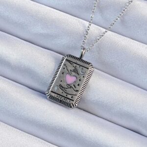 316L Çelik Zincir Eskitme Gümüş Renk Pembe Mineli Kalp Figürlü Tarot Kolye BKO9232