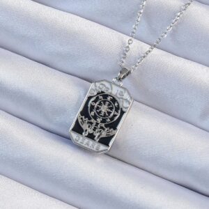 316L Çelik Zincir Gümüş Renk İşlemeli Siyah Mineli Tarot Kolye BKO9237