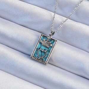 316L Çelik Zincir Gümüş Renk Zirkon Taşlı Mavi Mermer Desenli Taç Model Tarot Kolye BKO9244