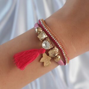 Pembe Renk Zirkon Taşlı Püskül Detay Deri Çoklu Bileklik BB6343