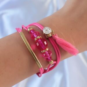 Pembe Zirkon Taşlı İpli Püskül Detay Çoklu Bileklik BB6360