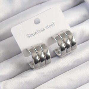 316L Çelik Gümüş Renk 3lü Görünüm Bombe Model Yarım Halka Küpe BKP9490