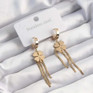 316L Çelik Altın Renk İtalyan Zincirli Yonca Model Halka Küpe BKP9494