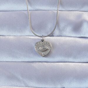 316L Gümüş Renk Zirkon Taşlı İşlemeli Göz Detay Kalp Kolye BKO9285