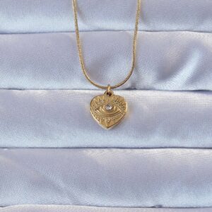 316L Altın Renk Zirkon Taşlı İşlemeli Göz Detay Kalp Kolye BKO9286