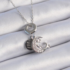 316L Çelik Gümüş Renk Zirkon Taşlı Ay Yıldız Figür Charm Model Kadın Kolye BKO9311