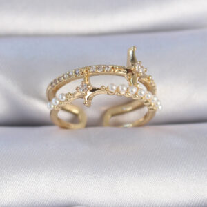 Pirinç Gold Renk Zirkon Taşlı İnci Detay Kutup Yıldızı Model Kadın Yüzük BYK3342