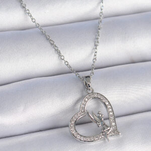 316L Çelik Zincir Gümüş Renk Zirkon Taşlı Kalp Model Melek Detay Kadın Kolye BKO9357