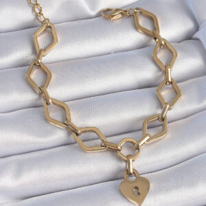 316L Çelik Gold Renk Zincir Model Kilit Kalp Figür Kadın Bileklik BB6434