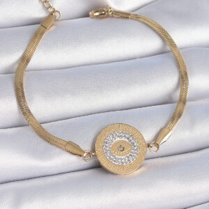 316L Çelik Gold Renk İtalyan Zincir Zirkon Taşlı Göz İşlemeli Madalyon Model Kadın Bileklik BB6445