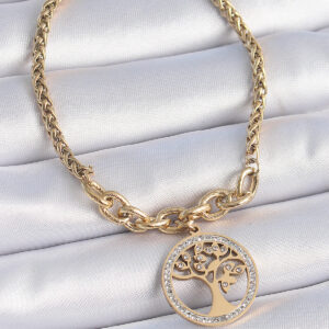 316L Çelik Gold Renk Zirkon Taşlı Yaşam Ağacı Figür Kadın Bileklik BB6452