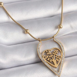 316L Çelik Gold Renk Zirkon Taşlı Detaylı Kalp Fidan Model Kadın Kolye BKO9405