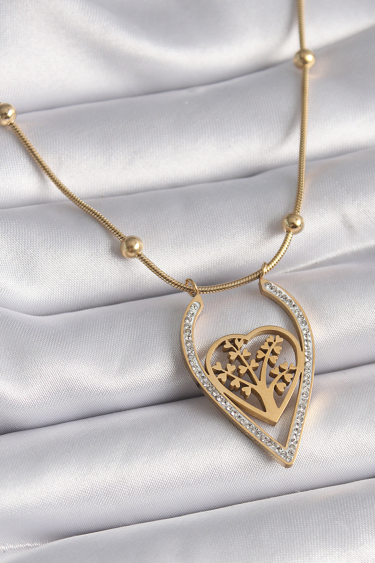 316L Çelik Gold Renk Zirkon Taşlı Detaylı Kalp Fidan Model Kadın Kolye BKO9405