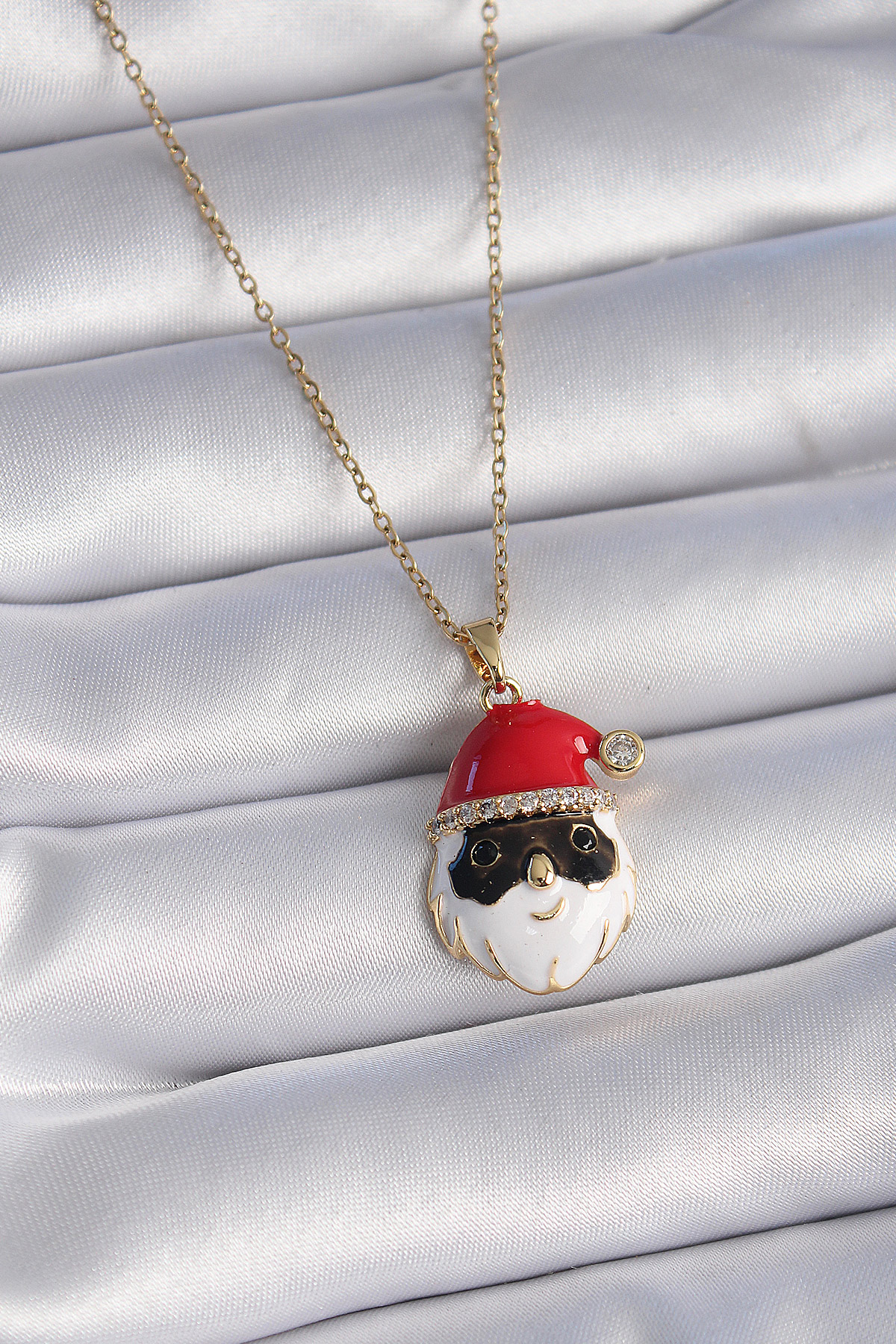 316L Çelik Gold Renk Zincir Zirkon Taşlı Yılbaşı Temalı Noel Baba Figür Kadın Kolye BKO9445