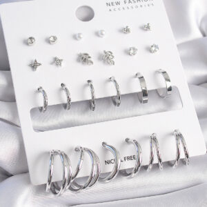 Pirinç Gümüş Renk Zirkon Taşlı 12 Çift Küpe Seti BKP9681