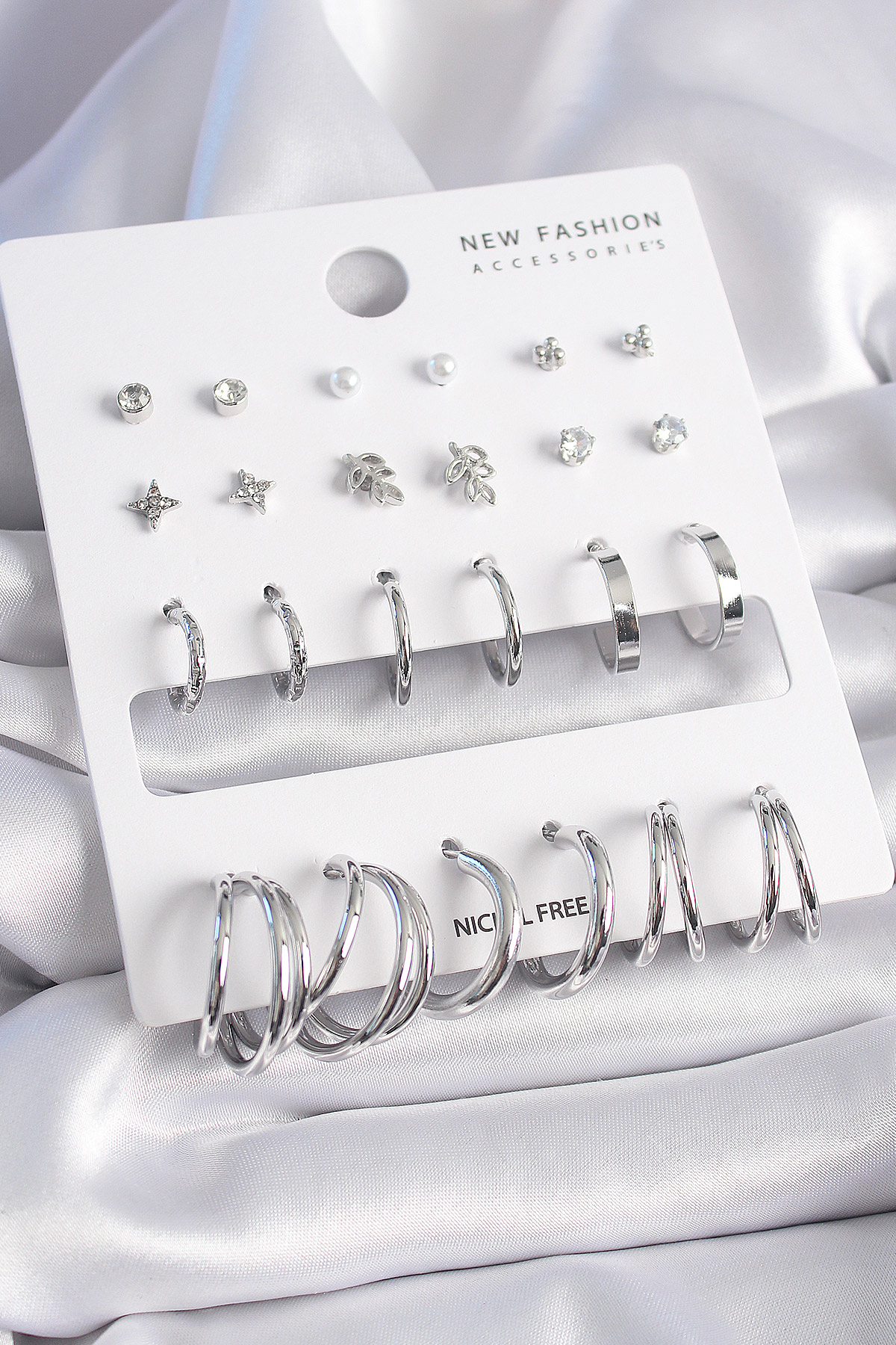 Pirinç Gümüş Renk Zirkon Taşlı 12 Çift Küpe Seti BKP9681