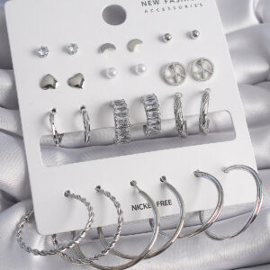 Pirinç Gümüş Renk Zirkon Taşlı 12 Çift Kadın Küpe Seti BKP9682