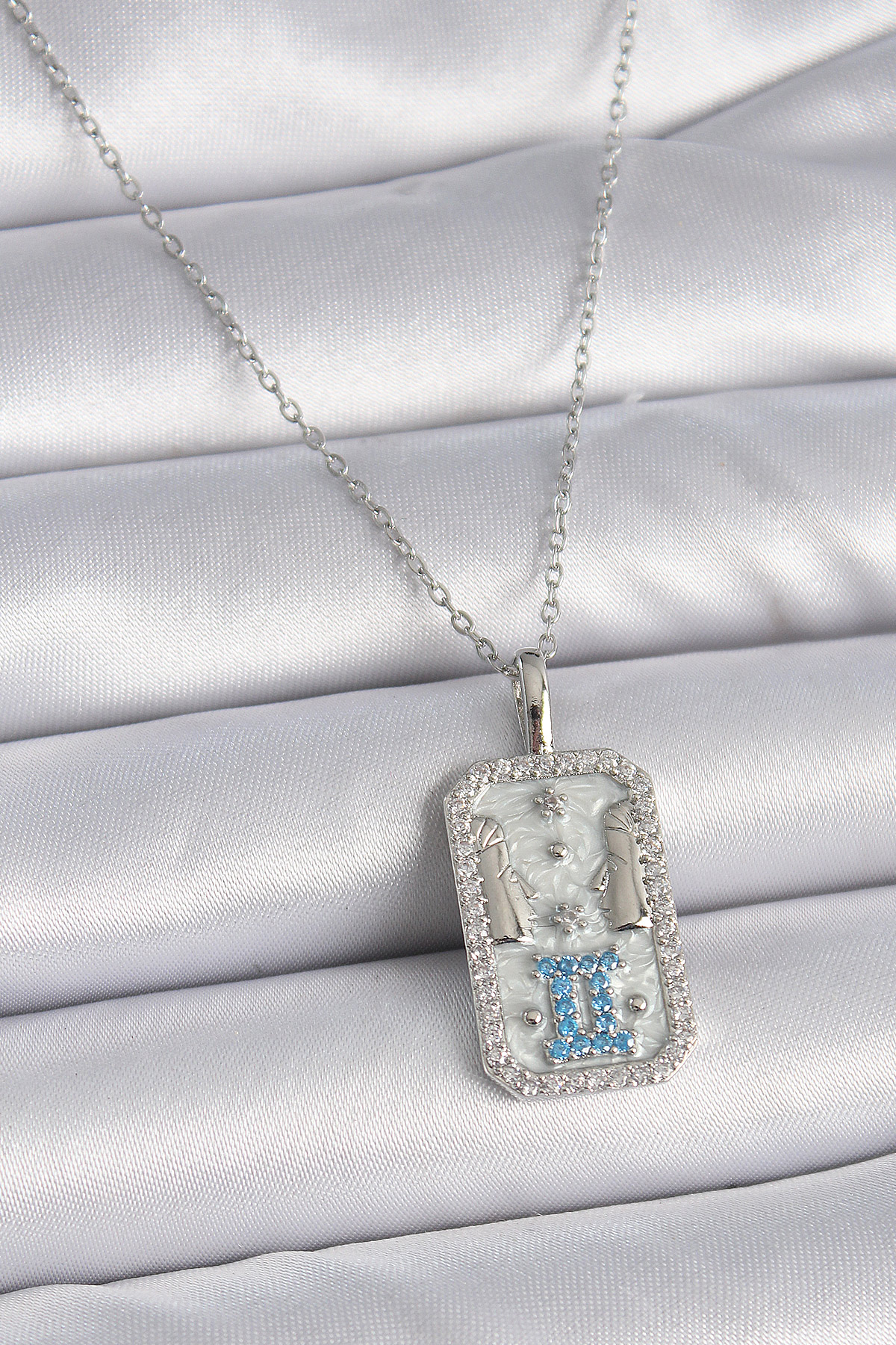 316L Çelik Gümüş Renk Zincir İkizler Burcu Zirkon Taşlı Kadın Kolye BKO9446