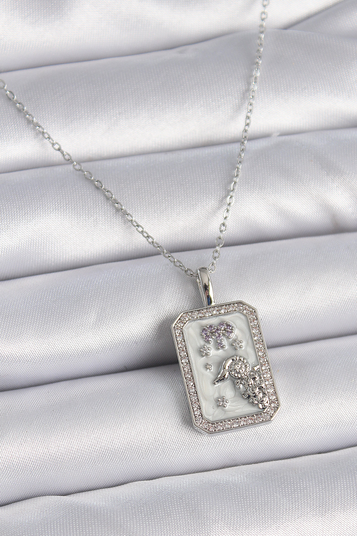 316L Çelik Gümüş Renk Zincir Koç Burcu Zirkon Taşlı Kadın Kolye BKO9452