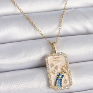 316L Çelik Gold Renk Zincir Kova Burcu Zirkon Taşlı Kadın Kolye BKO9458