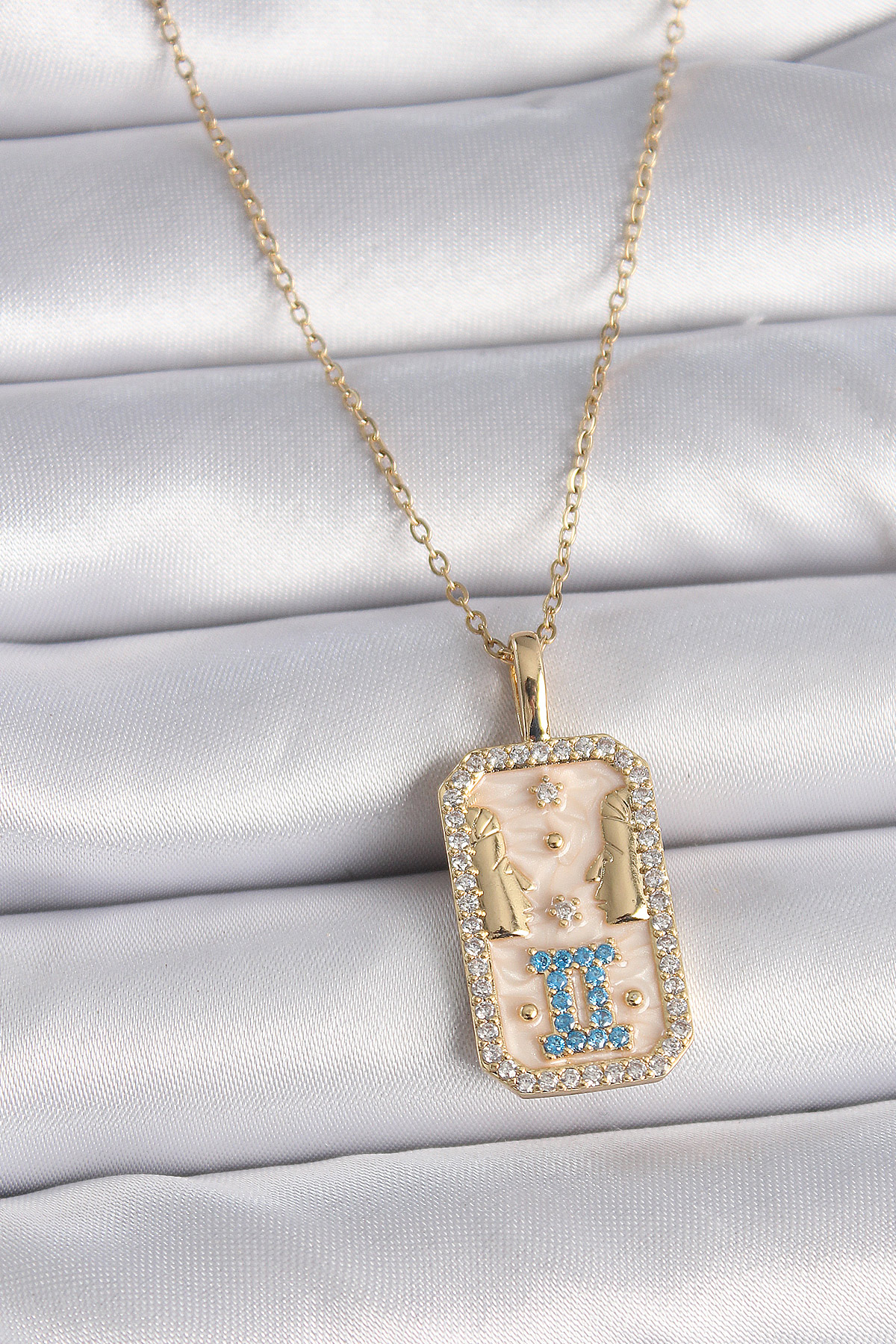 316L Çelik Gold Renk Zincir İkizler Burcu Zirkon Taşlı Kadın Kolye BKO9468