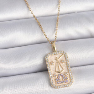 316L Çelik Gold Renk Zincir Terazi Burcu Zirkon Taşlı Kadın Kolye BKO9469