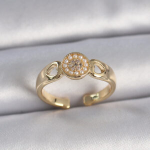 Pirinç Gold Renk Zirkon Taşlı İncili Kalp İşleme Detay Ayarlanabilir Kadın Yüzük BYK3358