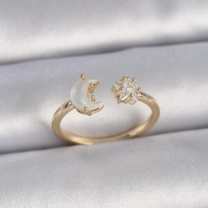 Pirinç Gold Renk İncili Hilal Zirkon Taşlı Yıldız Ayarlanabilir Model Kadın Yüzük BYK3360