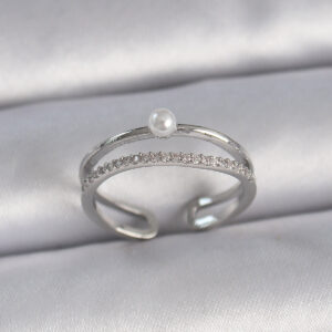 Pirinç Gümüş Renk Zirkon Taşlı İnci Detay Ayarlanabilir Model Kadın Yüzük BYK3371