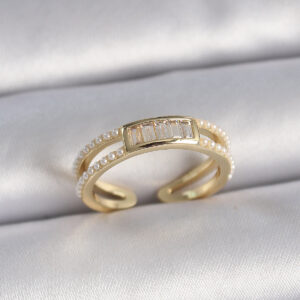 Pirinç Gold Renk Ayarlanabilir Sıralı İncili Zirkon Taş Detaylı Kadın Yüzük BYK3380