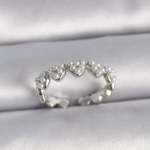 Pirinç Gümüş Renk Ayarlanabilir İncili Kalp Model Kadın Yüzük BYK3411