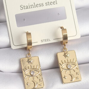 316L Çelik Gold Renk Zirkon Taşlı Göz İşleme Detay Plaka Model Kadın Küpe BKP9698