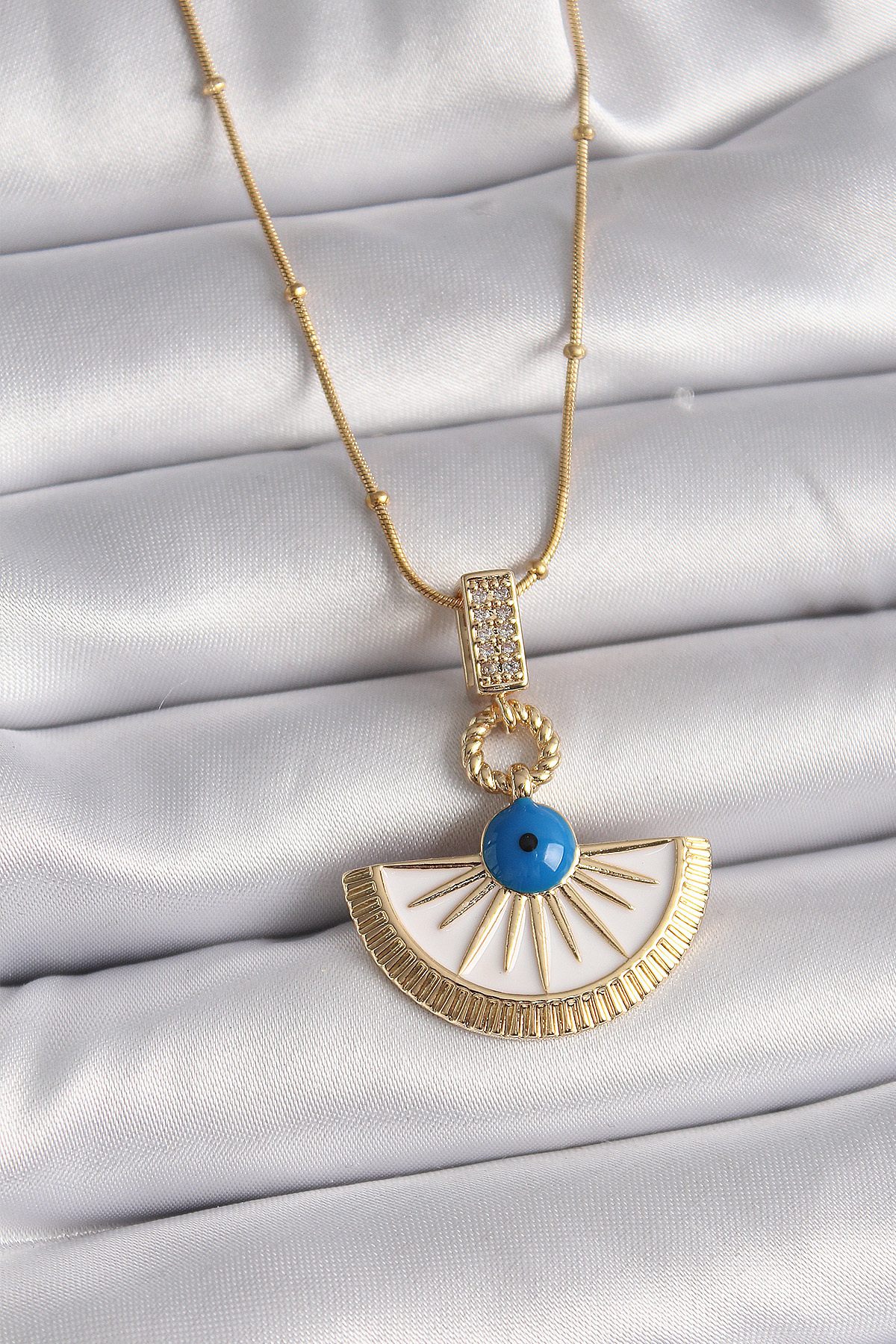 316L Çelik Gold Renk Zincir Zirkon Taş Detaylı Nazar Boncuk Göz Model Kadın Kolye BKO9474