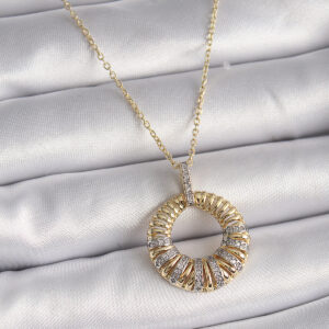 316L Çelik Gold Renk Zincir Gümüş Zirkon Taşlı Daire Model Kadın Kolye BKO9481