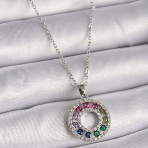 316L Çelik Gümüş Renk Zincir Renkli Zirkon Taşlı Madalyon Model Kadın Kolye BKO9489