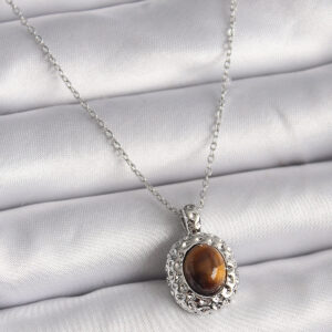 316L Çelik Gümüş Renk Zincir Kehribar Boncuk Model Kadın Kolye BKO9491