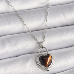 316L Çelik Gümüş Renk Zincir Kilit Kalp Kehribar Boncuk Model Kadın Kolye BKO9495