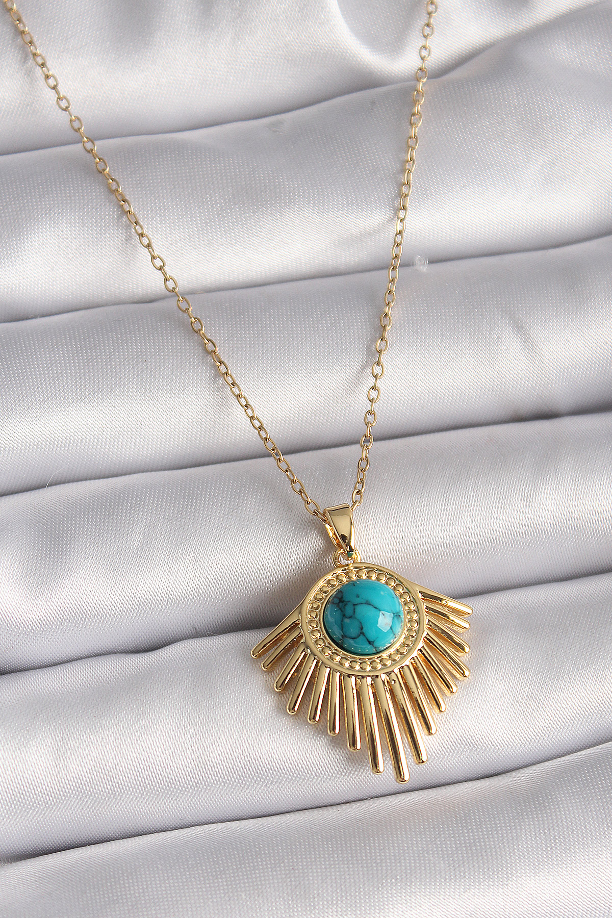 316L Çelik Gold Renk Zincir Mavi Boncuk Güneş Model Kadın Kolye BKO9502