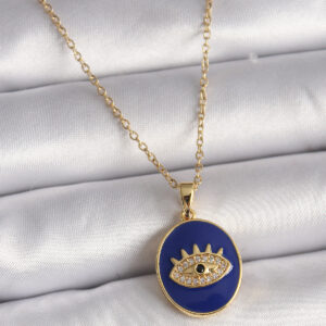 316L Çelik Gold Renk Zincir Mavi Mineli Zirkon Taşlı Göz İşleme Kadın Kolye BKO9505