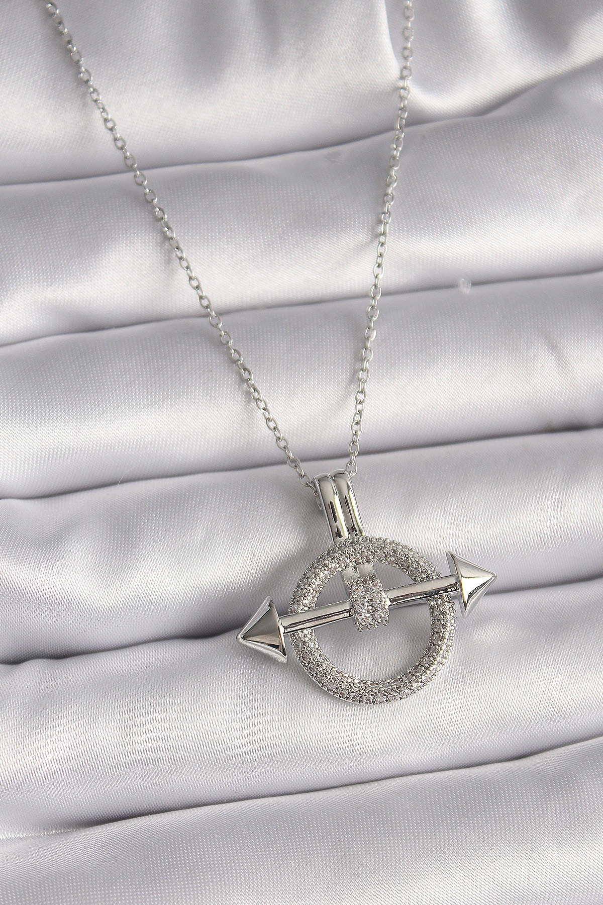 316L Çelik Gümüş Renk Zincir Zirkon Taşlı Halka Model Kadın Kolye BKO9506