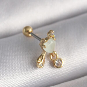 Kalbinle 316L Çelik Gold Renk Beyaz Mineli Kalp Sallantı Zirkon Taşlı Tragus Piercing PR1228