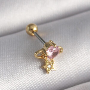 Kalbinle 316L Çelik Gold Renk Pembe Zirkon Taşlı Sallantı Yıldız Detay Tragus Piercing PR1236