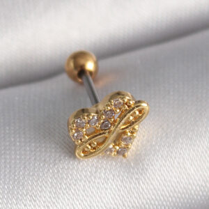 Kalbinle 316L Çelik Gold Renk Zirkon Taşlı Kalp Sonsuzluk Detay Tragus Piercing PR1248