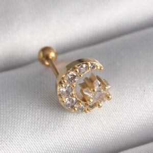 Kalbinle 316L Çelik Gold Renk Zirkon Taşlı Ay Yıldız Tragus Piercing PR1256