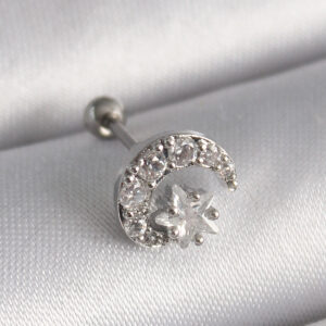 Kalbinle 316L Çelik Gümüş Renk Zirkon Taşlı Ay Yıldız Tragus Piercing PR1257